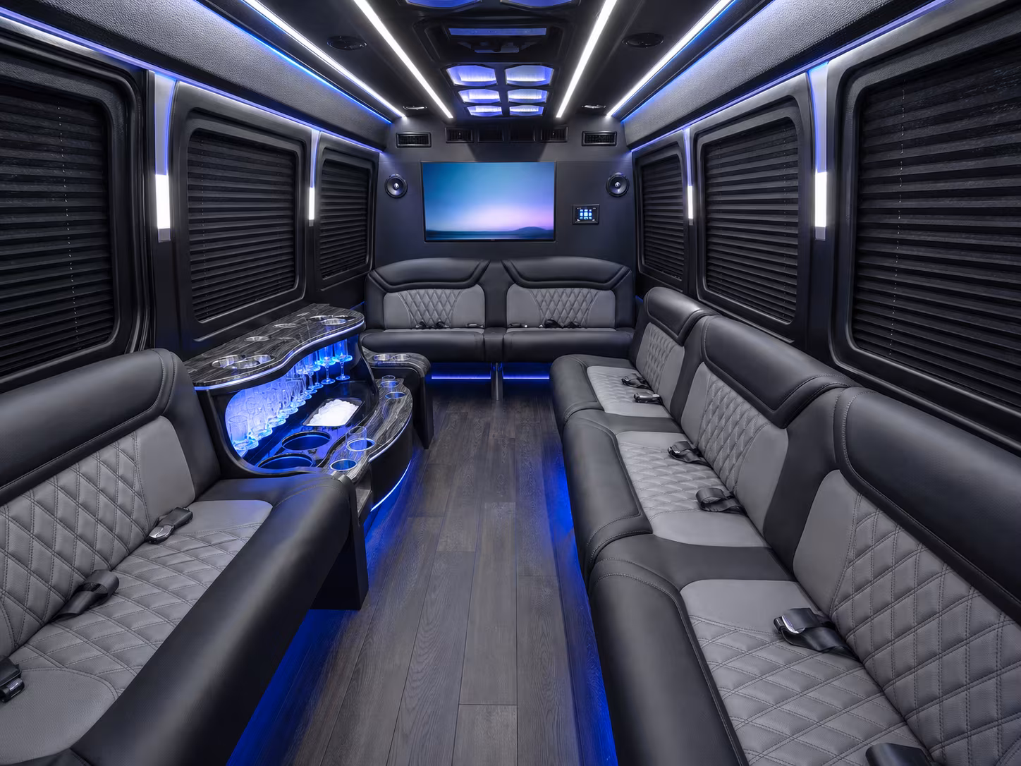 denton 15 passenger party bus inside